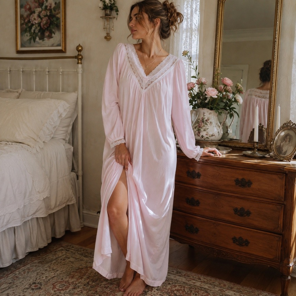 Vintage Christian Dior Pink Lace coquette Long Sleeve Nightgown Maxi Gown
